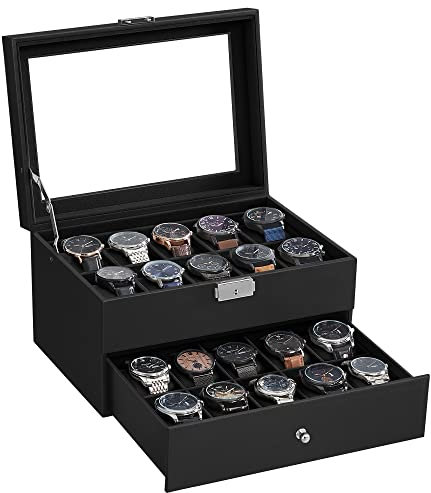 SONGMICS Uhrenbox, Uhrenkasten mit Glasdeckel, 2 Ebenen, Uhrenkoffer mit herausnehmbaren Uhrenkissen, Uhrenschatulle, Geschenkidee, PU-Bezug in Schwarz, Samtfutter in Schwarz JWB020B01