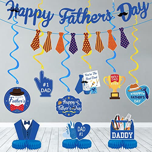 Vatertags-Party-Dekorationen-Zubehör – kein Basteln – Vatertags-Dekorationsset enthält 6 hängende Wirbel und 2 Happy Father's Day Girlande Banner und 3 Waben-Tafelaufsatz für Vatertagsparty