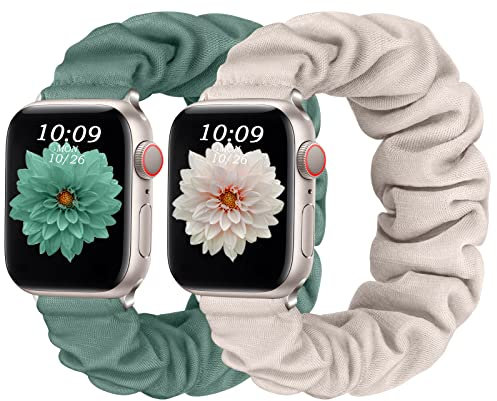 CeMiKa 2pack Correas Compatible con Correa Apple Watch 38mm 40mm 41mm, Correa Elástica Ajustable Recambio Scrunchie para Correa iWatch Series 9 8 7 6 5 4 3 2 1 SE Ultra, BlancoEstrella/VerdePino