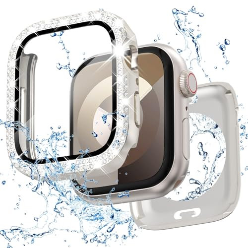 KADES Waterproof Case Compatible with Apple Watch 44mm for Women,Bling PC Cover Protective Case with Tempered Glass Screen Protector for iWatch 44mm Series SE(GEN 1 2 3) 6 5 4,Starlight