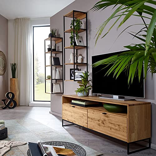 Wohnwand Set aus TV Lowboard, 150cm, mit 2 Hängeregalen in Wildeiche massiv geölt, B/H/T ca. 280/200/40 cm