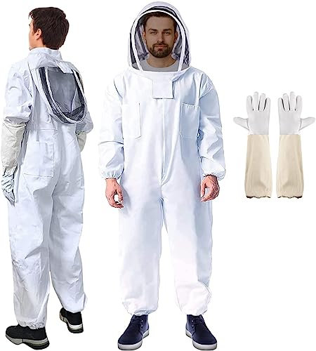 Berufsbienenanzug,Imkeranzug aus Baumwolle Imkerei Anzug Schutzbekleidung mit Schleier Ziegenlederhandschuhe,Hervorragender Schutz Für Imker (170-180CM)