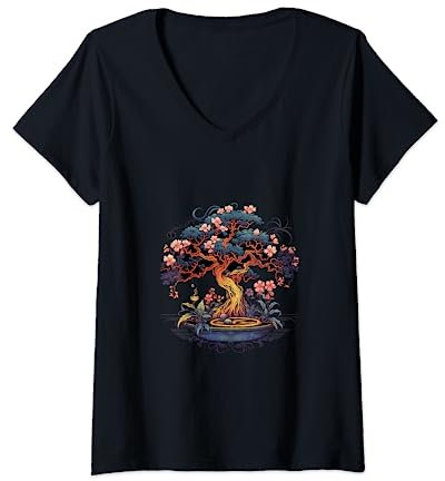 Orchidee Blume Bonsai Japanische Baumpflanzen Gartenarbeit T-Shirt mit V-Ausschnitt