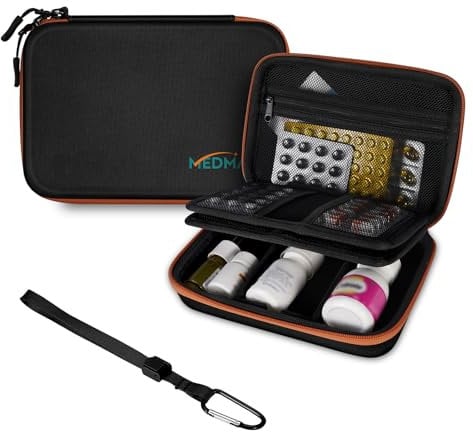 MEDMAX Pillen Organizer Tasche, Tragbare Notfalltasche Medikament Tasche Organizer für Medizin Vitamine Fischöl Pillen, Stoßfest Medikamententasche für Reisen (Leere Tasche), Schwarz