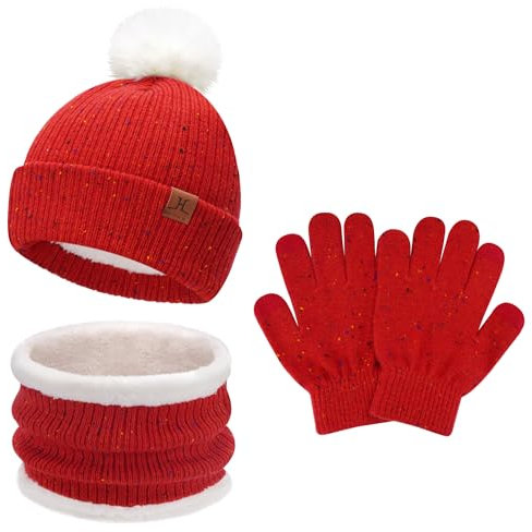 Kinder Winter Warm Beanie Mütze Loop Schal und Touchscreen Handschuhe Set, Pompom Wintermütze Strickmütze Winterhandschuhe Schlauchschal mit Fleece Gefütterte für 5–8 Jahre Mädchen Jungen, Rot