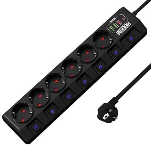 Regletas Enchufes, Enchufe USB de 6 Tomas, con 3 USB-A Puertos y 1 USB-C (PD 20W), Enchufe Multiple con Extension Electrica Cable 2M para hogar, Oficina y los Viajes (4000W/16A), Negro