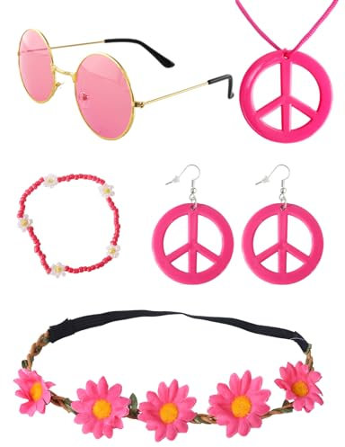 Heartsking 5 Pièces Rose rouge Accessoires Hippie, Annees 70 Bandeaux Bracelets en Perles Lunettes Colliers et Boucles d'oreilles de la Paix, Accessoires Hippie pour Halloween Soirée Disco