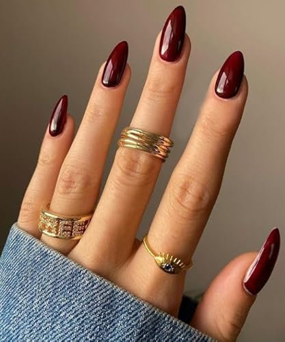 MouyouGlow Press on Nails Kurz,Almond Halloween Burgundisch Rot Einfarbige Glossy Fake Nails mit Nagelkleber,Mandel Wine Red Blood Künstliche Fingernägel