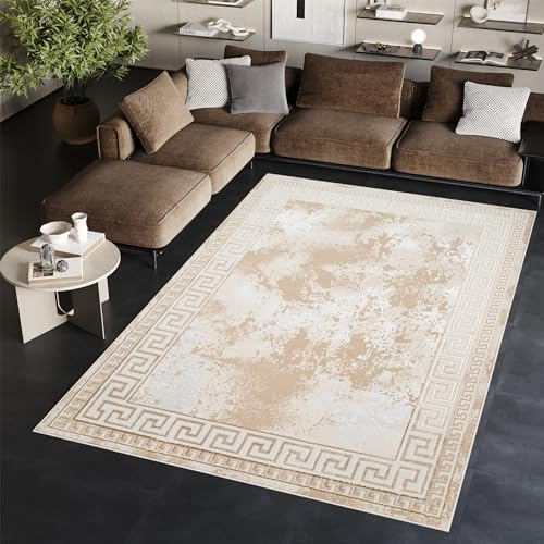 TAPISO Ares Teppich Kurzflor Glänzend Mäander Griechisch Creme Beige Klassisch Rahmen Marmoreffekt 3D Effekt Wohnzimmer Schlafzimmer ÖKO-TEX 180 x 250 cm