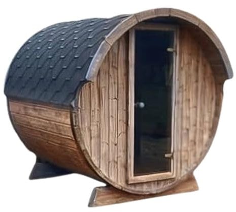 Tonneau Sauna d'extérieur en kit, chaudière électrique COMPRISE, épicéa thermo-traité, 2 à 4 personnes 2,20m x diam 1,96m / hauteur 2,15m shingle noir