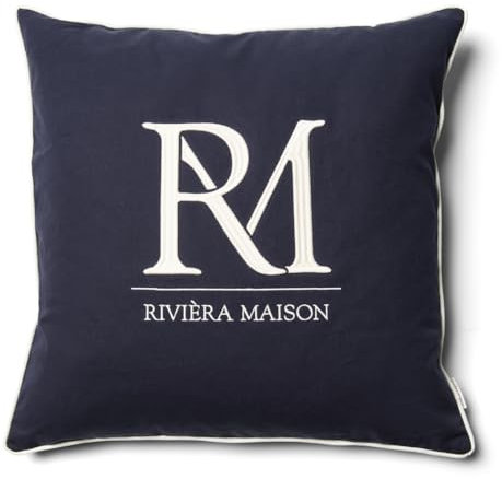 Riviera Maison Kissenbezug 60x60 blau mit weißer Schrift RM-Logo, dekorative quadratische Kissen - RM Monogram Pillow Cover - (LxB) 60x60