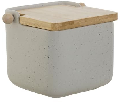 Salero de cocina moderno blanco de dolomite con tapa de madera bambu (Beige)