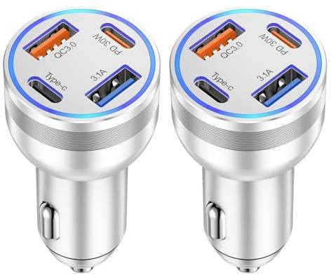 Kfz-Ladegerät USB C, 4-in-1, 65 W, Schnellladung, 4-Port, Dual-USBC und USB-A, KFZ-Ladegerät, Cargador, Carro-Feuerzeug-Adapter für iPhone 17, 16, 15, 14, 13, 12 Pro Max, iPad, Samsung, Tablet