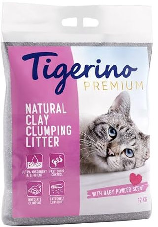 Tigerino Premium Katzenstreu, ergiebige Klumpstreu aus Naturton-Granulat: feinkörnig, schnelle und Starke Klumpenbildung, bindet Gerüche (1 Stück, Babypuder)