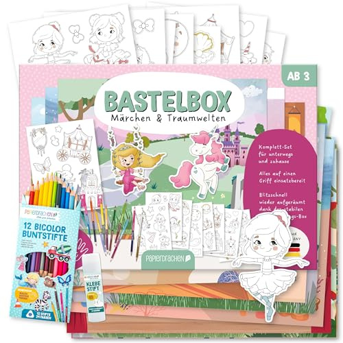 Papierdrachen Bastelbox Märchen & Traumwelten – Komplett-Set -inkl. Stanzbögen u. Hintergründen – 12 Bicolor-Farbstifte - Klebestift - Aufbewahrungsbox - kreatives Lernen