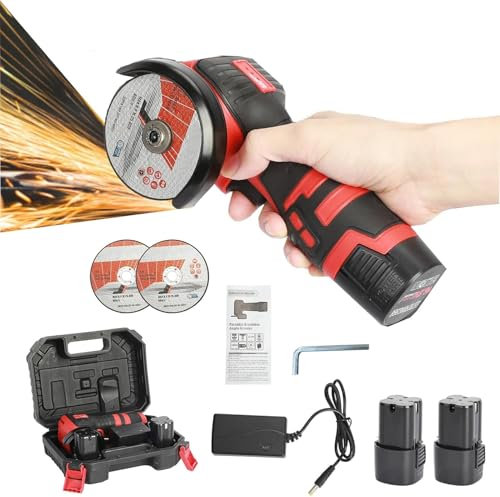 Mini Angle Grinder, 18V 550W Brushless Cordless Angle Grinder with Batteries and Diamond, Cutting Wheel Saw Blade Polishing Sheet, Brush-Less Polishing Machine for Grinding Cutting Polishing (Red_)