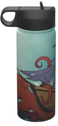 Mexpekil Isolierte Wasserflasche mit Strohhalm, Motiv: See-Oktopus, Kraken, Piratenschiff, 530 ml, Edelstahl, Kinder-Sportflasche, vakuumisolierte Trinkgläser