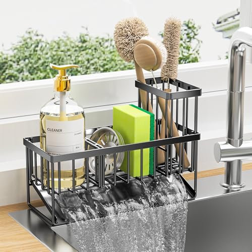 KEMDH Kitchen Sink Caddy Organiser, Sink Tidy with Removable Brush Holder, Sponge & Soap Holder,Stainless Steel Cleaning Utensil Caddy for Kitchen,Black