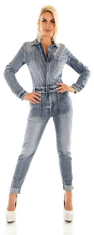 Zeralda Fashion Damen Langarm Jeans Overall Hose Jumpsuit Röhre Skinny Fit Denim Einteiler Gürtel