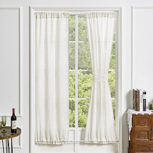 Momooda Linen French Door Durtain, Door Way Privacy Curtain, Light Reducing Front Door Window Curtain with Tieback, 1 Panel, Rod Pocket, White, 137x102cm