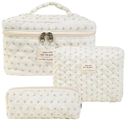 GoaePode Reise Kosmetiktasche Set Damen, 3 Stück Verschiedene Größen Blumen Aesthetic Make up Bag aus Baumwolle, Gesteppte Kulturtasche Beauty Case Schminktasche Travel Essentials, Bee