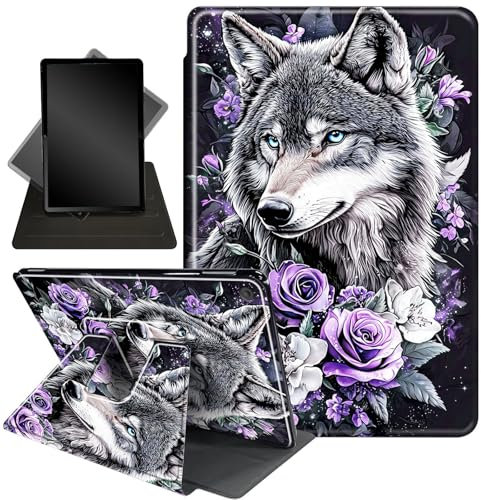 for Kindle Fire 7 case 2019 2017 Release 9th 7th Generation,360 Degree Rotating Stand Smart Protective Cover Case for Amazon fire 7 Tablet 9th/7th Generation,Wolf Purple Rose Flowers