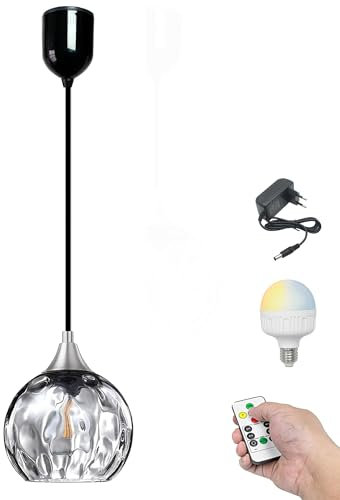 FSLiving Dimmbare Hängelampe mit Batterie Innen Einstellbare Höhe, Hängeleuchte Batteriebetriebene Lampe, Pendelleuchte ohne Strom Stromanschluss für Küche Nachttischcafé, Grau TB3277