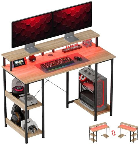 HOMCOM Bureau d'ordinateur Bureau avec Rangement réversible 120 cm - lumières LED, étagères de Rangement, Support d'écran, Passe-câble, Bureau Informatique pour Bureau à Domicile et étude, Naturel