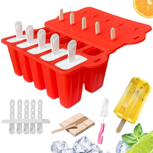 Midnadiy Moldes Helados Silicona, Moldes para Helados con 10 Cavidades Fáciles de Aflojar, Molde con Mango de Borde para Facilitar el Agarre, Molde de Silicona sin BPA (ROJO)