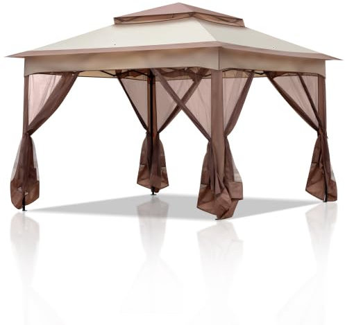 Bonnlo Faltpavillon 3,3 x 3,3m mit 4 Moskitonetz Seitenteilen, Stabil, UV-beständig, Wasserdicht, Belüftet Doppeldach, Höhenverstellbar Pavillon für Garten, Hof, Khaki