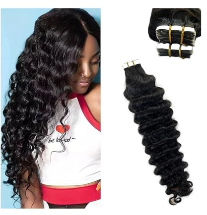 Täglicher Gebrauch Deep Wave Tape in Extensions Human Hair for Black Women 20Pcs 50g Wavy Curly Natural Black Tape in Hair Extensions Invisible Double Sided Adhesive Tape Sehr praktisch(16 inches)