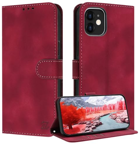 ZONNAVI für iPhone 12 Mini Hülle, [RFID Blocker] PU Lederhülle Schutzhülle mit Kartenfach, Wallet Case Stoßfeste Flip Cover für iPhone 12 Mini Handyhülle (Dunkelrot)