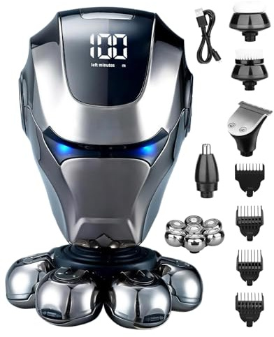 5-in-1-Kopfrasierer für Herren, wasserdicht IPX6, Haarschneider mit 4 Kämmen (3/6/9/12 mm), Nasenrasierer, Gesichtsbürste, Massagegerät, USB-C-Kabel, trocken/nass