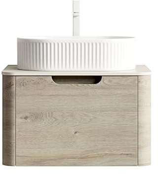Schwebender Badezimmer-Waschtisch mit weißem ovalem Keramik-Waschbecken,römische Travertin-Sintersteinplatte,gebogene Kanten,Soft-Close-Schublade,vormontierter Unterschrank (Eiche cremefarbene,60cm)