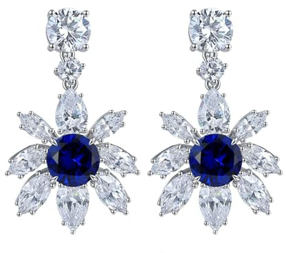 Homxi Ohrringe 14K Weißgold Damen, Blume und Rund mit Erstellter Saphir und Moissanit, Frauen Ohrschmuck Blau Silber