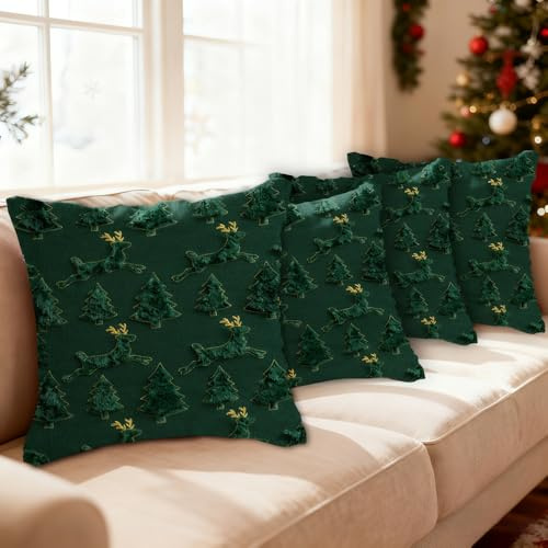 HEYIDAMAI Kissenbezug Weihnachten 4er Set, Weihnachtskissen Grün Samt, Weihnachtsdeko Kissenbezug, Kissenhülle Weihnachten Grün, für Sofa Wohnzimmer Schlafzimmer.