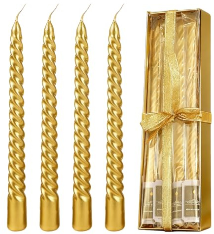 Spiralkerzen Gold, Stabkerzen Set, 4 Stück Gold Verzierte Spiralkerze, Gedrehte Spiralkerzen, Lange Kerzen gold Tropffreie Stabkerzen für Kerzenständer Tischdekoration