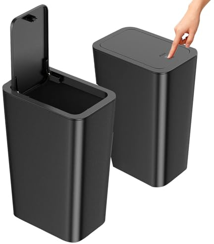 Stowetry 2 Pack Bedroom Bin,10L Plastic Bathroom Bin with Lid | Slim Push Button Thin Trash Can,Dog Proof Narrow Garbage Can for Bathroom,Bedroom,Kitchen,Office,Living Room,Toilet(Black)