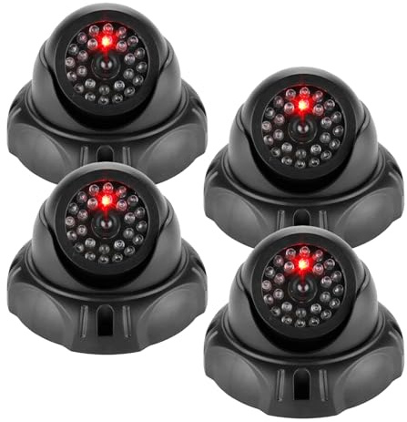 GOMETY 4 Stück Kamera Attrappe, Dummy Kamera mit Rot Blinkender LED, CCTV Dummy überwachungskamera, Fake Camera Wand oder Deckenmontage mit 4 Warnaufkleber für Zuhause und Büro Überwachung(Schwarz)
