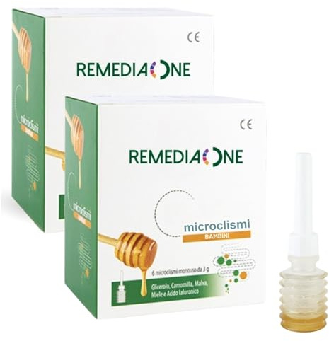 REMEDIA ONE Microclismi Bambini Naturali, 6 Monodose da 3 g, 2 Pezzi | Clistere per Pulizia Intestino con Glicerolo, Camomilla, Malva, Miele, Acido Ialuronico, Emolliente, Lenitivo, Pronto All’Uso