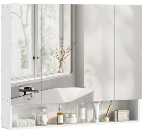 kleankin Badezimmerspiegel mit 3 Soft-Close-Türen, 90 x 15 x 75 cm Badezimmerschrank mit Spiegel, verstellbaren Einlegeböden, offenem Fach, platzsparendem Wandschrank aus Glas, weiß