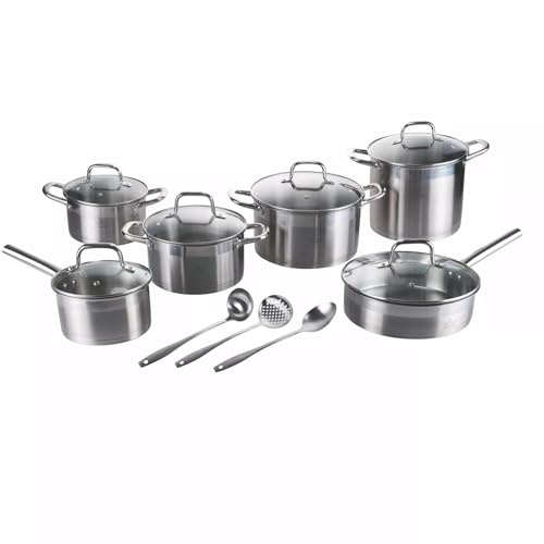 EMPOTEC Set Pentole 15 Pezzi in Acciaio Inox 18/0, 6 Pentole con Coperchi in Vetro con Valvola, Include Mestolo, Cucchiaione, Schiumarola, Compatibile con Induzione, Lavabile in Lavastoviglie