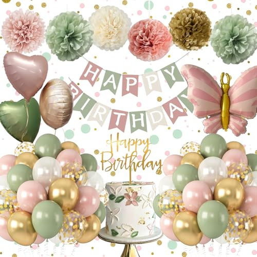 Decoration Anniversaire Rose et Vert Rétro, Deco Anniversaire Fille Femme | Ballon Anniversaire avec Ballon Papillon et Coeur, Banderole Happy Birthday, Décorations de Fête pour Baby Shower