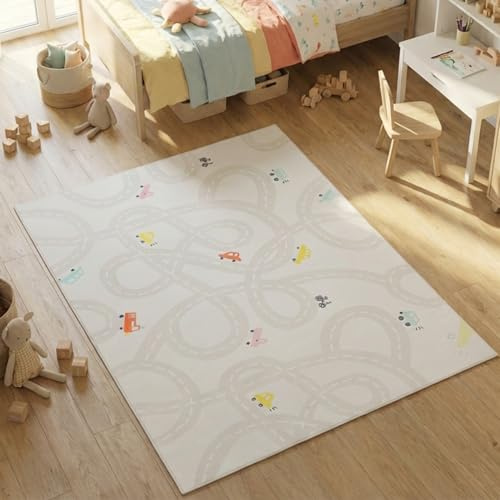 TAPISO Snooki Kinderteppich Kurzflor Auto Beige rutschfest 200 x 300 cm | Kinder Teppich Strapazierfähig Pflegeleicht weich Deko OEKO-TEX