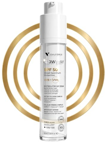 Glow Day Crema Solar Facial 50, Crema Antiarrugas con Protección Solar Bioestimuladora con Péptidos, 100/100 en Yuka, Sin Efecto Blanquecino y Sin Nanopartículas, 50 ml