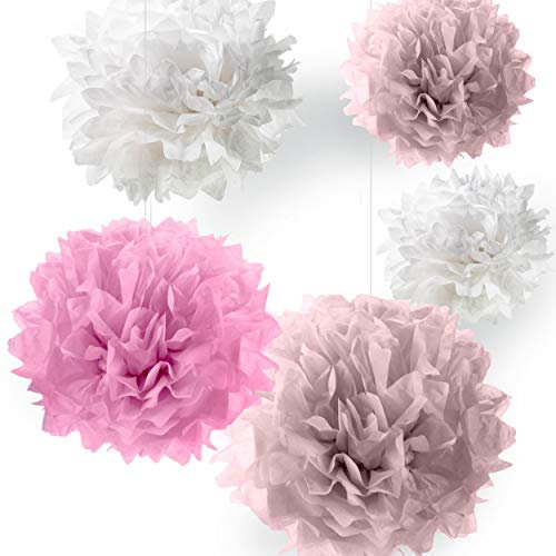 Pumpko® Decor 10 Seidenpapier Pompons | Deko für Party Hochzeit Geburtstag | Rosa Hellrosa Weiß | Inklusive Ponpon PDF Aufbauanleitung