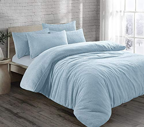 HOMES-LINEN Teddy Bear Fleece Thermal Warm Cosy Soft Fur Duvet Cover Set With Pillow Cases (Blue, Super King)