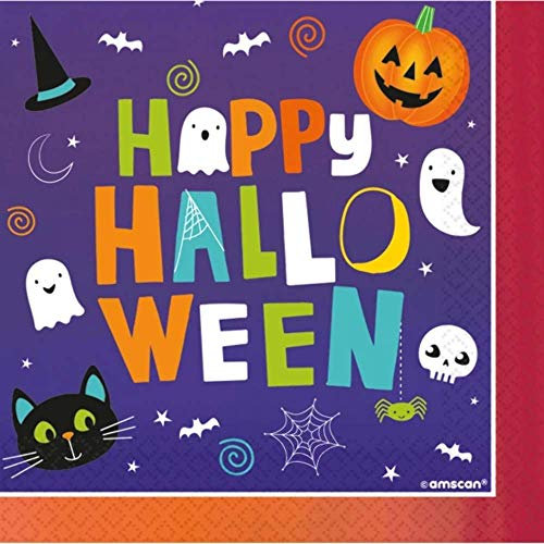 Amscan 9907444 - Servietten Hallo-ween Friends, Größe 33 x 33 cm, 16 Stück, Partygeschirr, Halloween, Horror-Party, Mottoparty