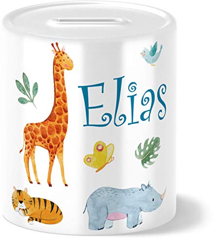 OWLBOOK® Kinder Spardose Safari Tiere | personalisierte Geschenke Konfirmation Jugendweihe Kommunion Firmung Einschulung Geburt Baby Kind | Geburtstagsgeschenke Ostergeschenke für Kinder | Keramik