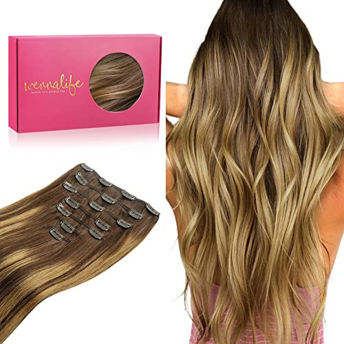 WENNALIFE Extensiones Clip Pelo Natural, 55cm 120g 7 Piezas, Balayage Marrón Chocolate a Rubio Caramelo Extensiones de Clip Natural Extensiones Pelo Remy Extensiones Cabello Postizos Mujer
